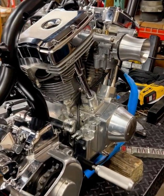 Polished motorcycle engine in the shop